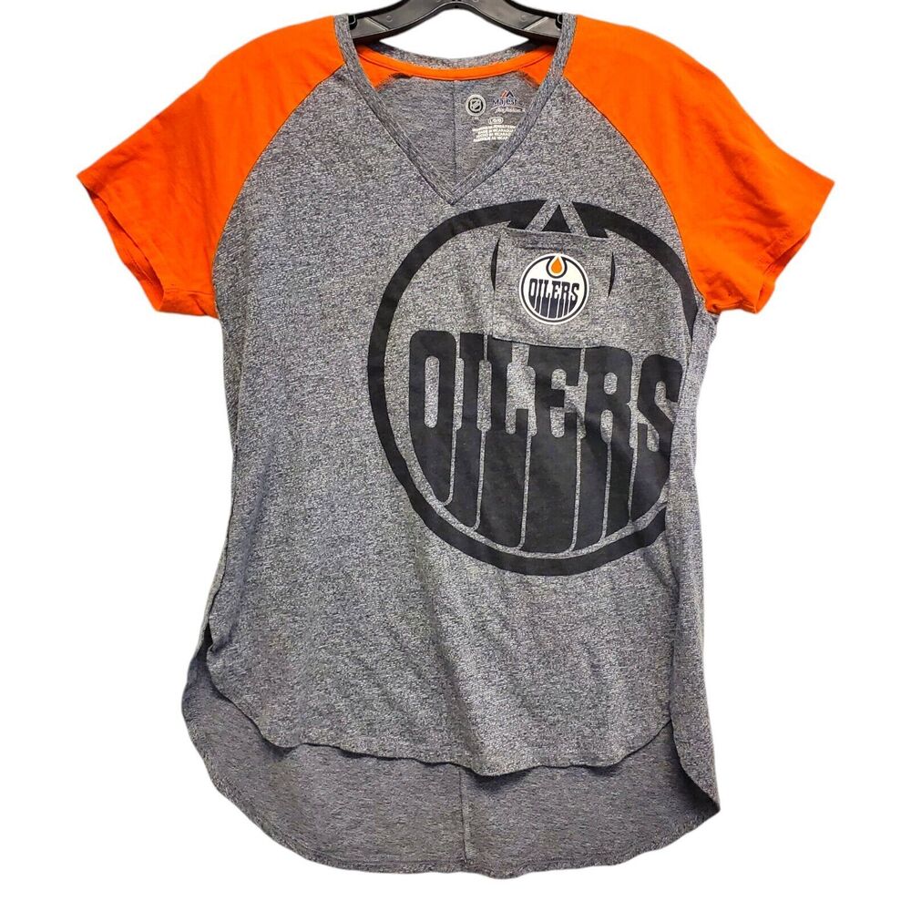 EDMONTON OILERS Shirt Womens Large Gray Orange BIG Logo Spell Out NHL Hockey